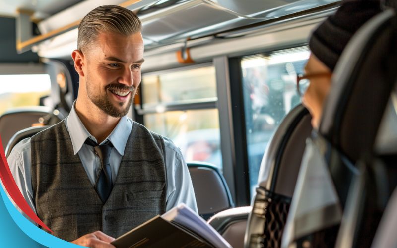 Coach driver assisting passengers aboard a UK coach, May 2024, the United Kingdom, Coach hire near me